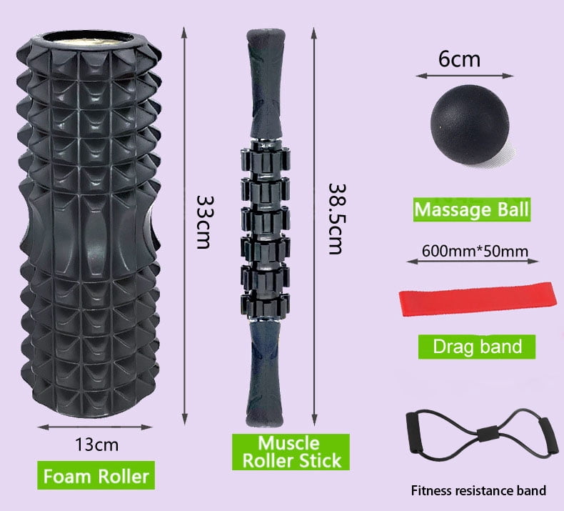 Foam Roller Set, Yoga Set, 6 in 1 Foam Rollers Muscle Roller Stick Massage Balls Exercise Resistance Bands and Figure 8 Exercise Band Yoga Stretch Strap