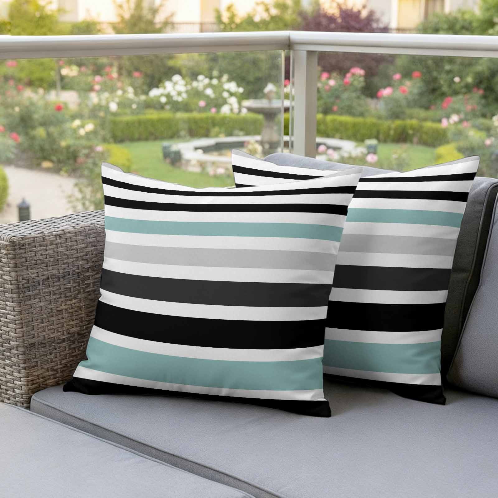 Turquoise Black Stripe Outdoor Waterproof Pillow Covers, Modern Abstract Coarse Striped Decorative Square Throw Pillowcase Sofa Cushion Sham for Patio/Couch/Chair, 18"x18" 2 Pack