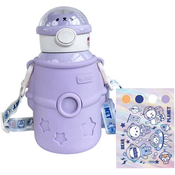 Rushbom Kawaii Water Bottle - 500ml Stainless Steel Insulated Water Bottle with One-clip Pop Straw Cup Lip & Astronaut Sticker Leak Proof Portable Water Bottles
