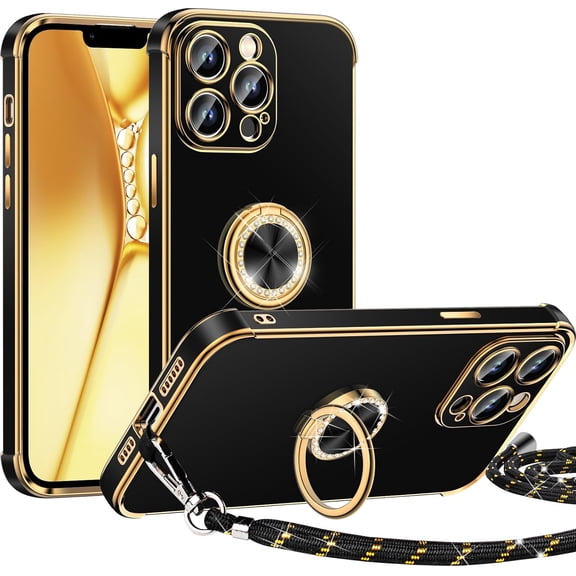 ZUKKASHAN for iPhone 13 Pro Case with Ring Holder Stand, Electroplated Luxury Phone Case with Lanyard Women Girls, Soft TPU Protective Shockproof Cover for iPhone 13 Pro