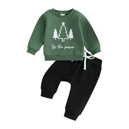 

Infant Baby Outfits Christmas Tree Print Round Neck Sweatshirt and Pants Set