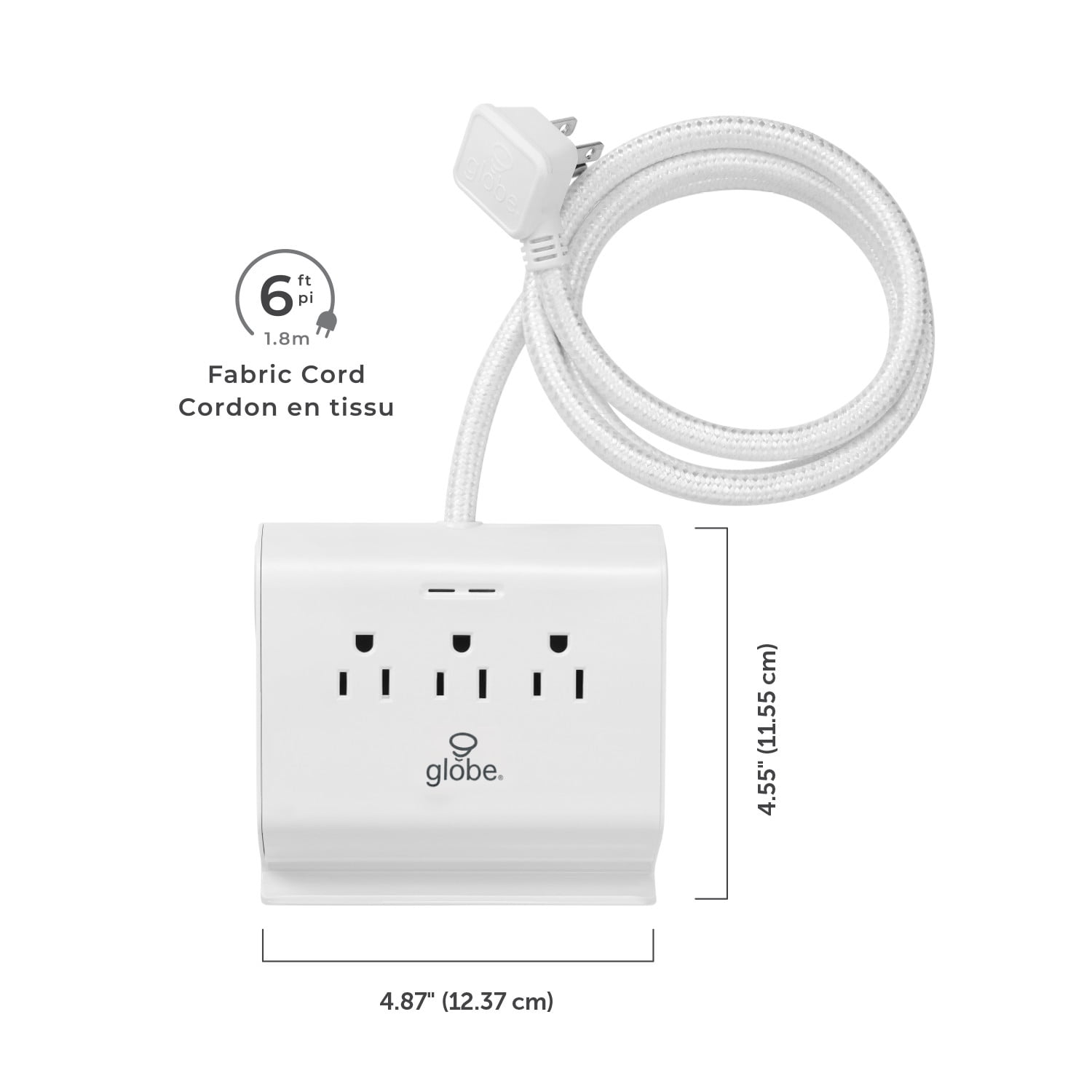 Barre à 3 prises blanche avec parasurtenseur, 4 ports USB et cordon en tissu de 1,8 m (6 pi) de Globe Electric
