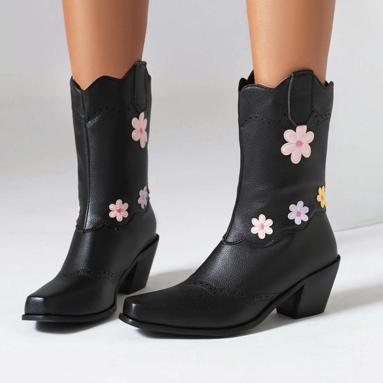 Flower Cowboy Boots for Women Black White Leather Fashion Square Toe Stacked Chunky Heels Pull on Mid Calf Dress Cowgirl Boots Flower Cowboy Boots for Women Black White Leather Fashion Square Toe Stacked Chunky Heels Pull on Mid Calf Dress Cowgirl Boots