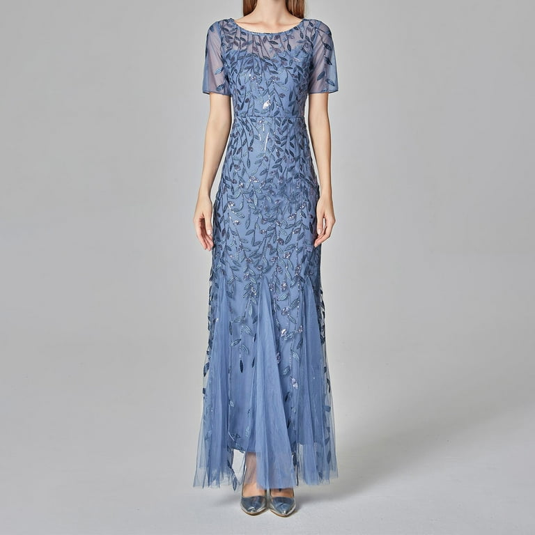 JINMGG Dress for Women Plus ,Women Beaded Mesh Gauze Fishtail Short Sleeve  O-Neck Slim Evening Dress Blue XL - Walmart.com