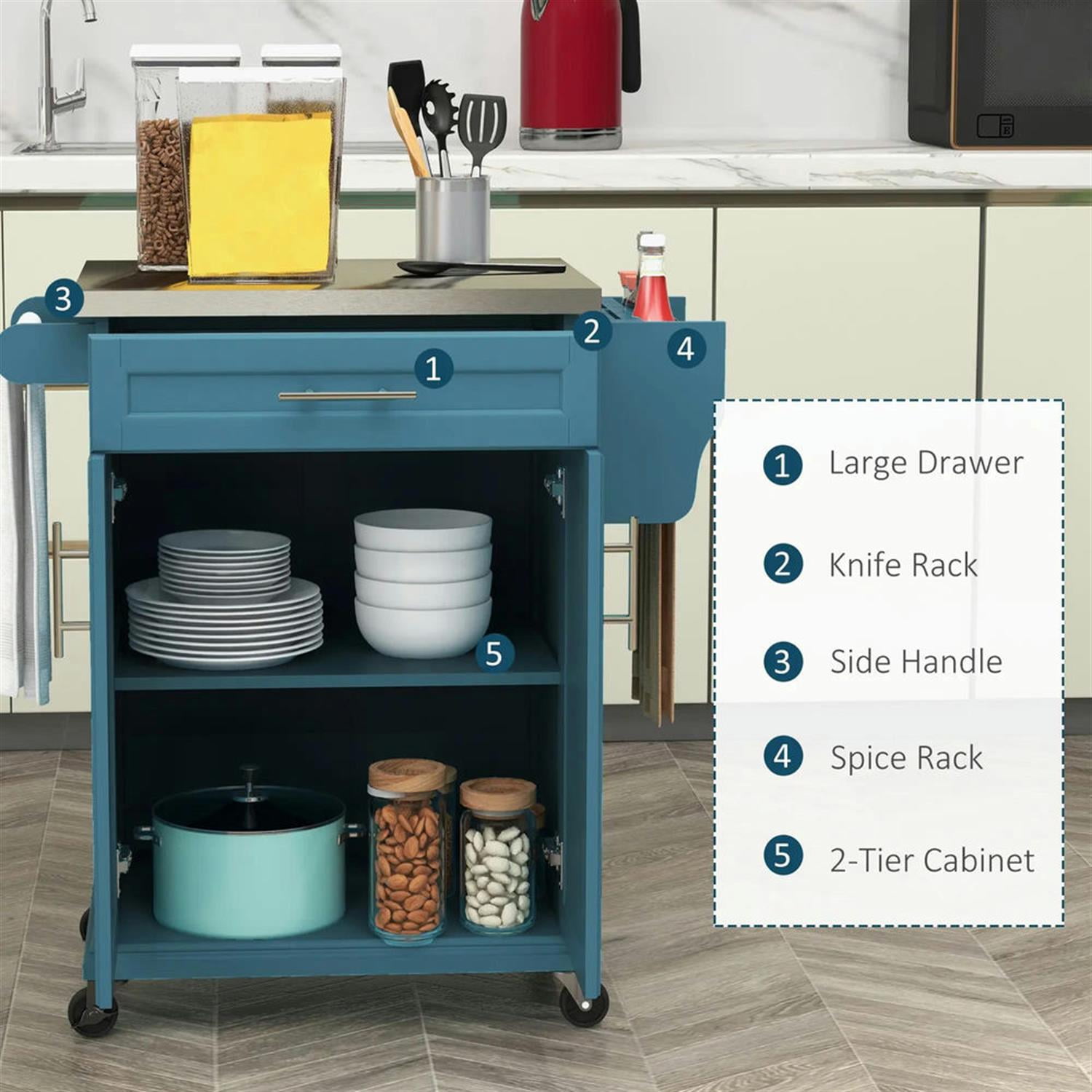 Demi Bonn 35" Kitchen Island Cart on Wheels with Stainless Steel Top, Rolling Dining Room Serving Utility Carts Mobile Movable with Towel Rack, Blue