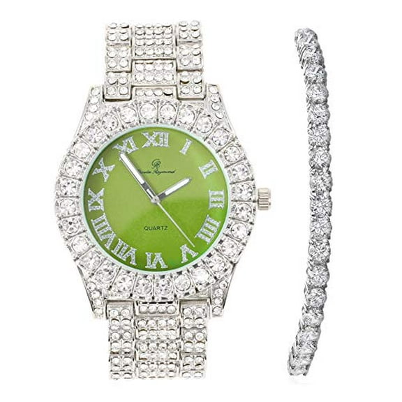 Women's Big Rocks Bezel Colored Dial with Roman Numerals Fully Iced Out Watch and Matching Beautiful Sparkling Tennis Bracelet Set - ST10327LA (TLA Silver - Lime)