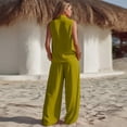 thumbnail image 5 of Women's 2 Piece Linen Blend Outfit Sleeveless Shawl Collar Top Wide Leg Pants Set Casual Loose Fit Summer Business & Lounge Wear, Vacation Trendy Sets Green L, 5 of 6
