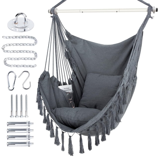 WBHome Extra Large Hammock Chair Swing with Hardware Kit, Hanging Macrame Chair Cotton Canvas, Include Carry Bag & Two Soft Seat Cushions,