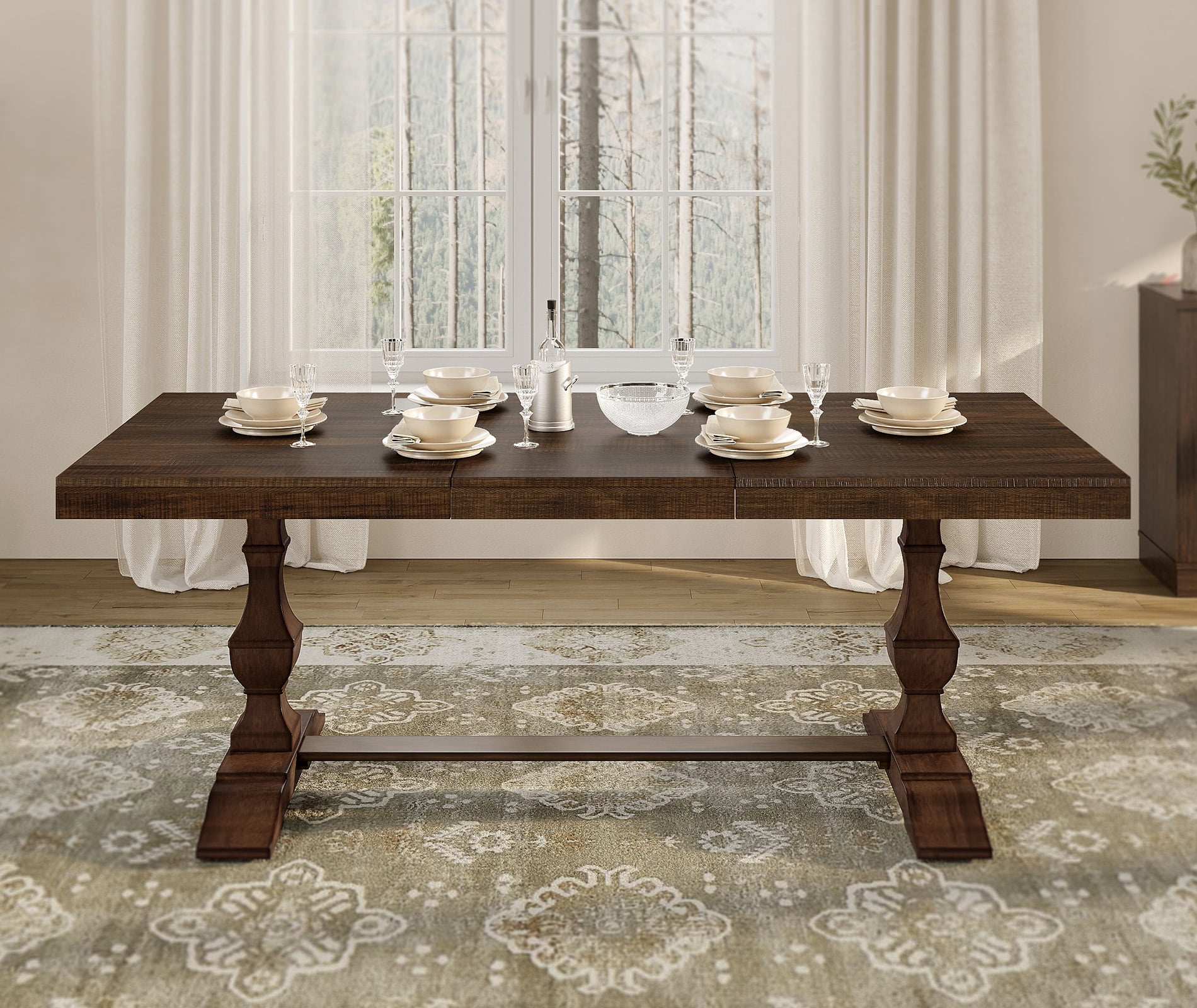 WAMPAT Modern Farmhouse Dinning Table Set for 6-8,74.8" Large Kitchen Table with 2 Solid Wood Legs and Double Pedestal Base for Dinning Room & Living Room,Espresso