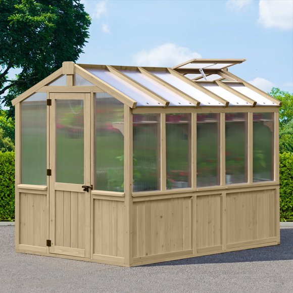 Yardistry 6.7 x 9.7 Meridian Greenhouse – Premium Cedar Structure with Double-Wall Polycarbonate Windows, Automatic Roof Vent, and Shelving for Optimal Plant Growth