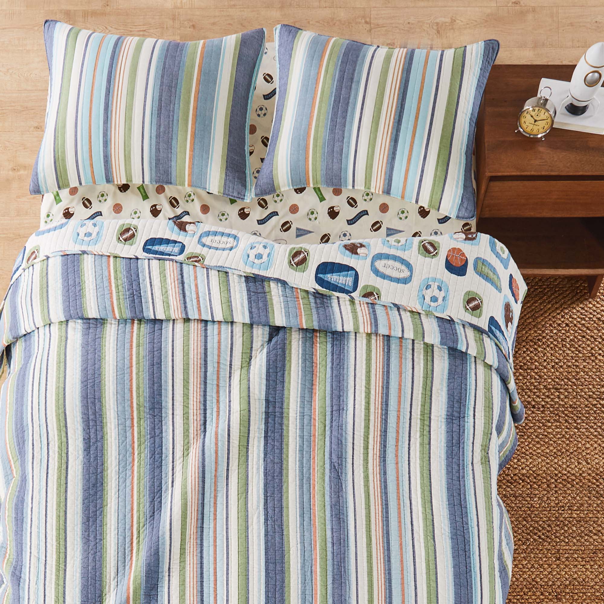 Levtex Home - MVP Quilt Set - Full/Queen Quilt and Two Standard Shams - Striped - Blue, Green, White and Orange - Quilt (86x86in.) and Shams (20x26in.) - Reversible - Cotton