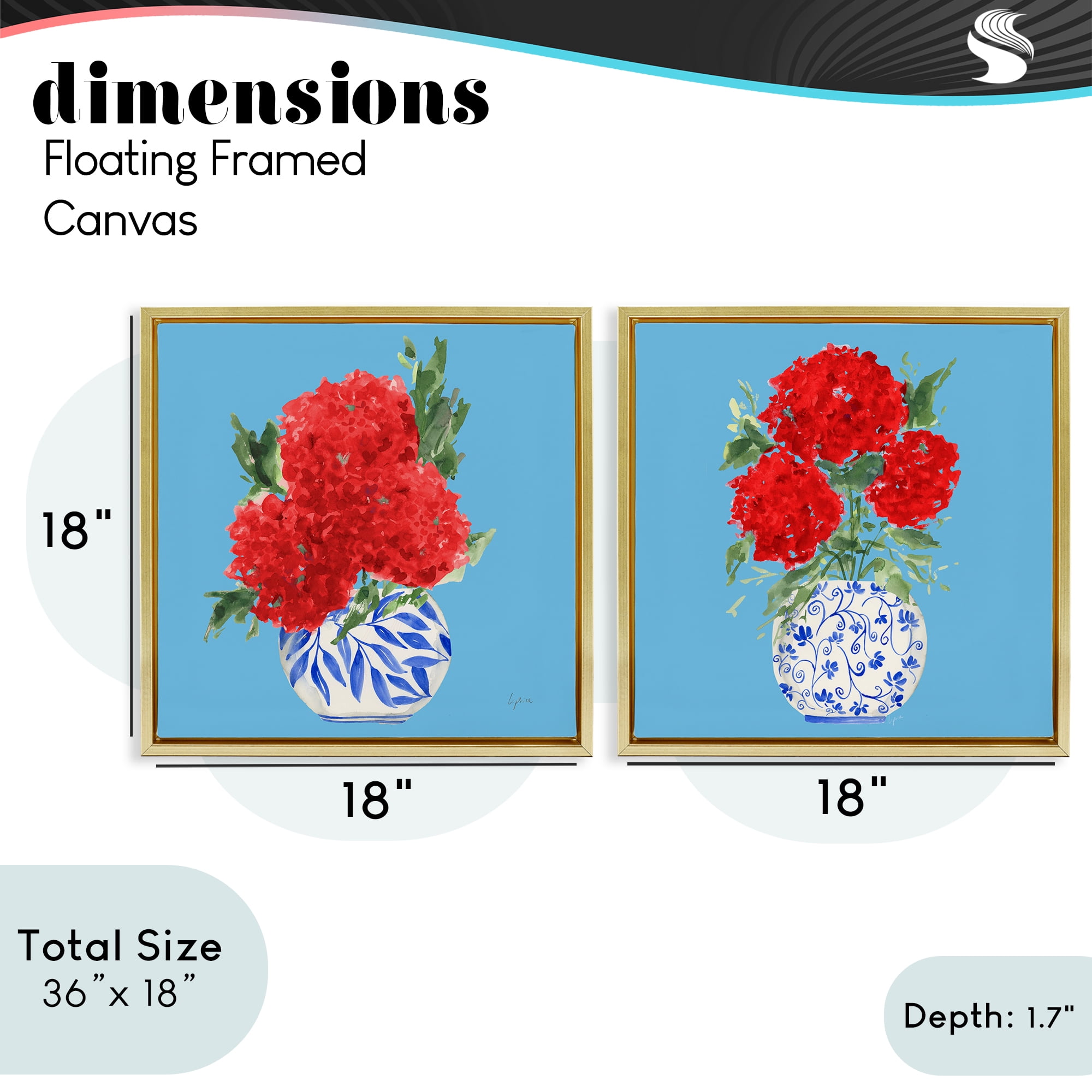 Stupell Industries Bright Red & Blue Hydrangeas 2 Piece Gold Framed Floater Canvas Set, design by Lucille Price