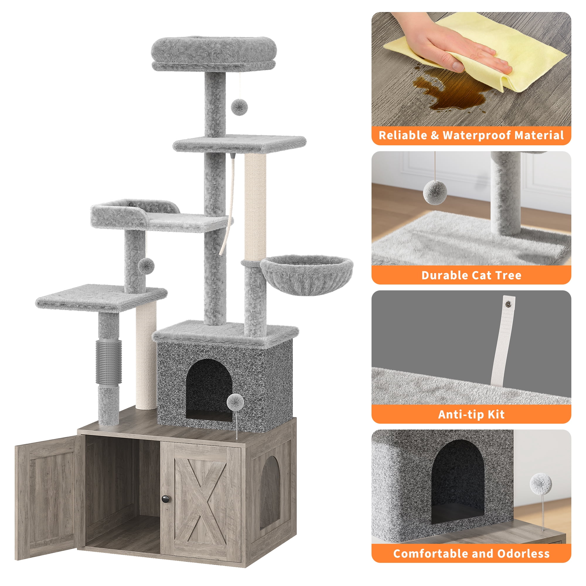 Accreate 2-in-1 Cat Tree with Hidden Litter Box Enclosure, Multi-Level Cat Tower with Scratching Post and Dangling Balls, Spacious Hammock, Indoor Cat Condo