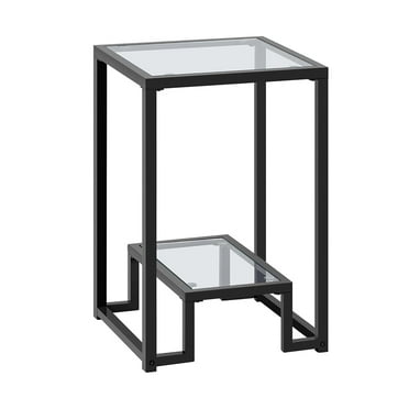Black Glass End Table with Open Shelf and Iron Legs, Modern Tall Glass Side Table Square Bedside Table Snack Table Telephone Table Small Coffee Table for Home, Living Room, Corner