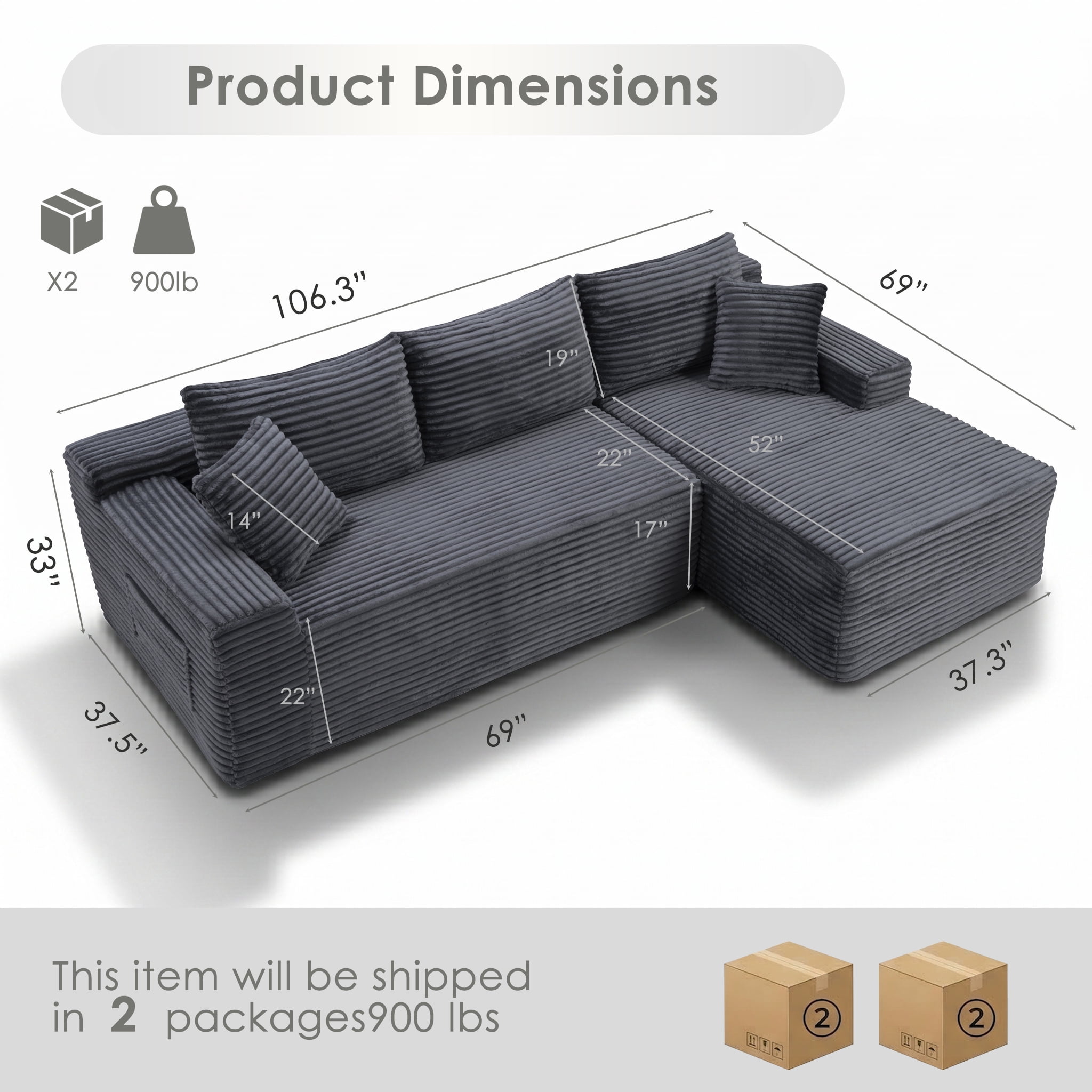 Xiweot 106" Modular Cloud Couch Sectional Sofa for Living Room, Modern Corduroy Boneless Couch with Side Pockets, Upholstered Deep Seat L Shape Sofas, No Assembly Required, Gray