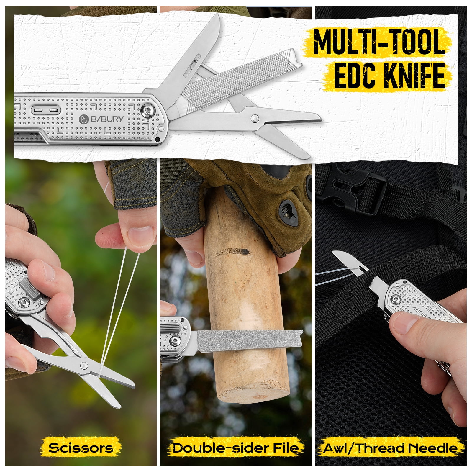 BIBURY Multitool Pocket Knife BI2056, Stainless Steel Multi Tool Knife with Clip, Folding Multitool EDC Knife with Magnetic Locking,Screwdriver,Large Scissors,Glass Breaker for Survival Camping