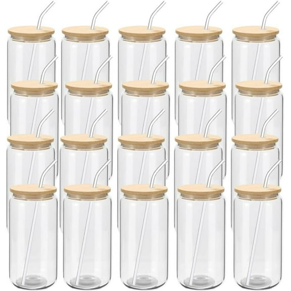Mojitor 20 Pack Glass Cups with Bamboo Lids and Glass Straw 16oz Beer Can Shaped Drinking Glasses Cups, Glass Tumbler Reusable Cute Cups for Whiskey, Iced Coffee, Tea, Soda, Cocktail, Gift, Clear