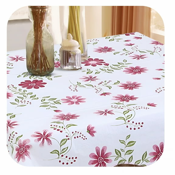 AUQ Vinyl Tablecloth Round 60" Dia Red Flower Pattern Waterproof for Wedding Party Decoration