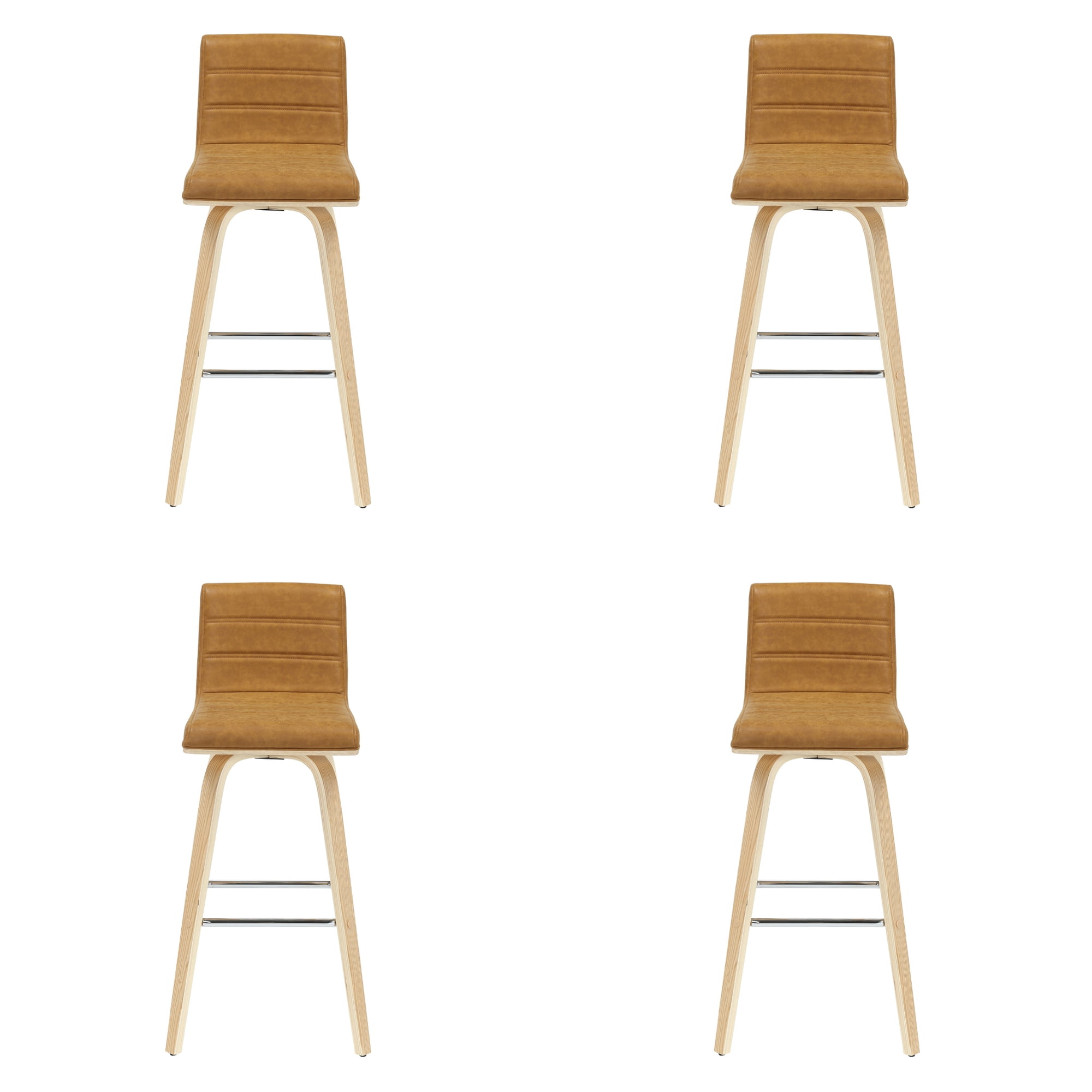 Vienna 39.5 in. H Swivel Bar Height Camel Square Back Wood Bar Stool with Faux Leather Seat Set of 4
