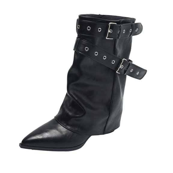 Z-911 Black Ladies Winter Mid Calf Boots Pointed Toe Buckle Knight Style Stacked Mid Heel Casual Booties Fashion Trend