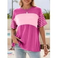thumbnail image 4 of Womens Summer Oversized 2025 Crewneck Casual Color Block Striped Shirts Blouses Pink L, 4 of 9