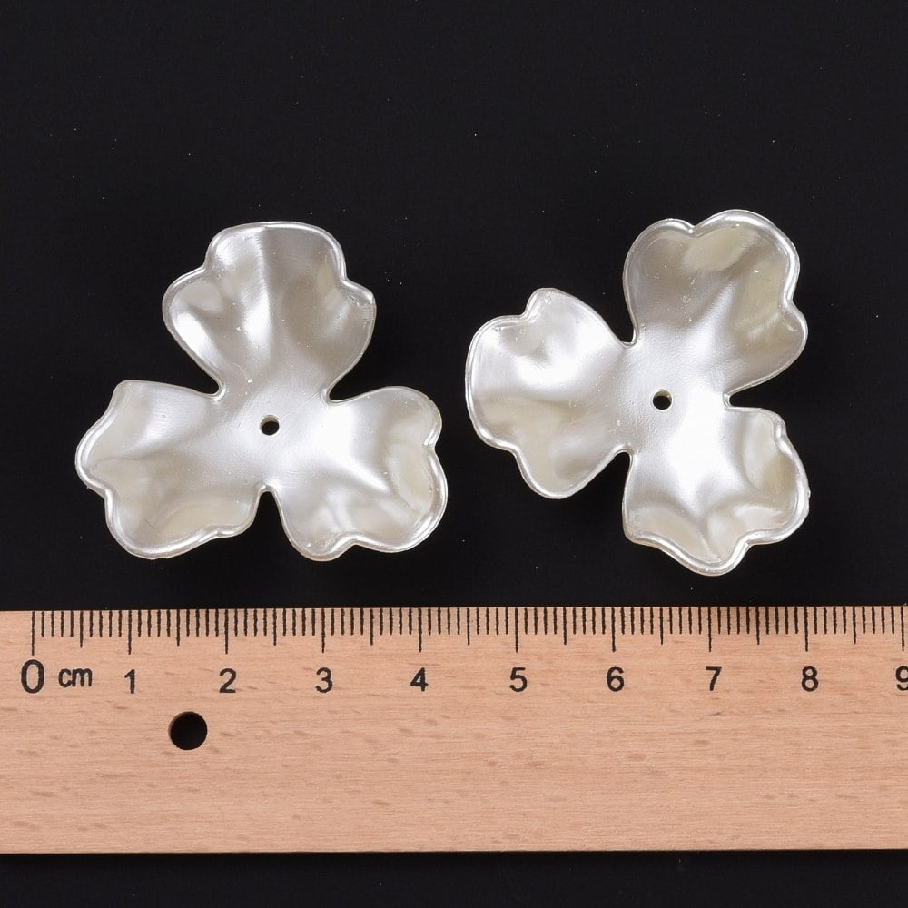 3-Petal Flower Plastic Imitation Pearl Bead Caps Creamy White Hole: 2mm Plastic 35x38x12mm