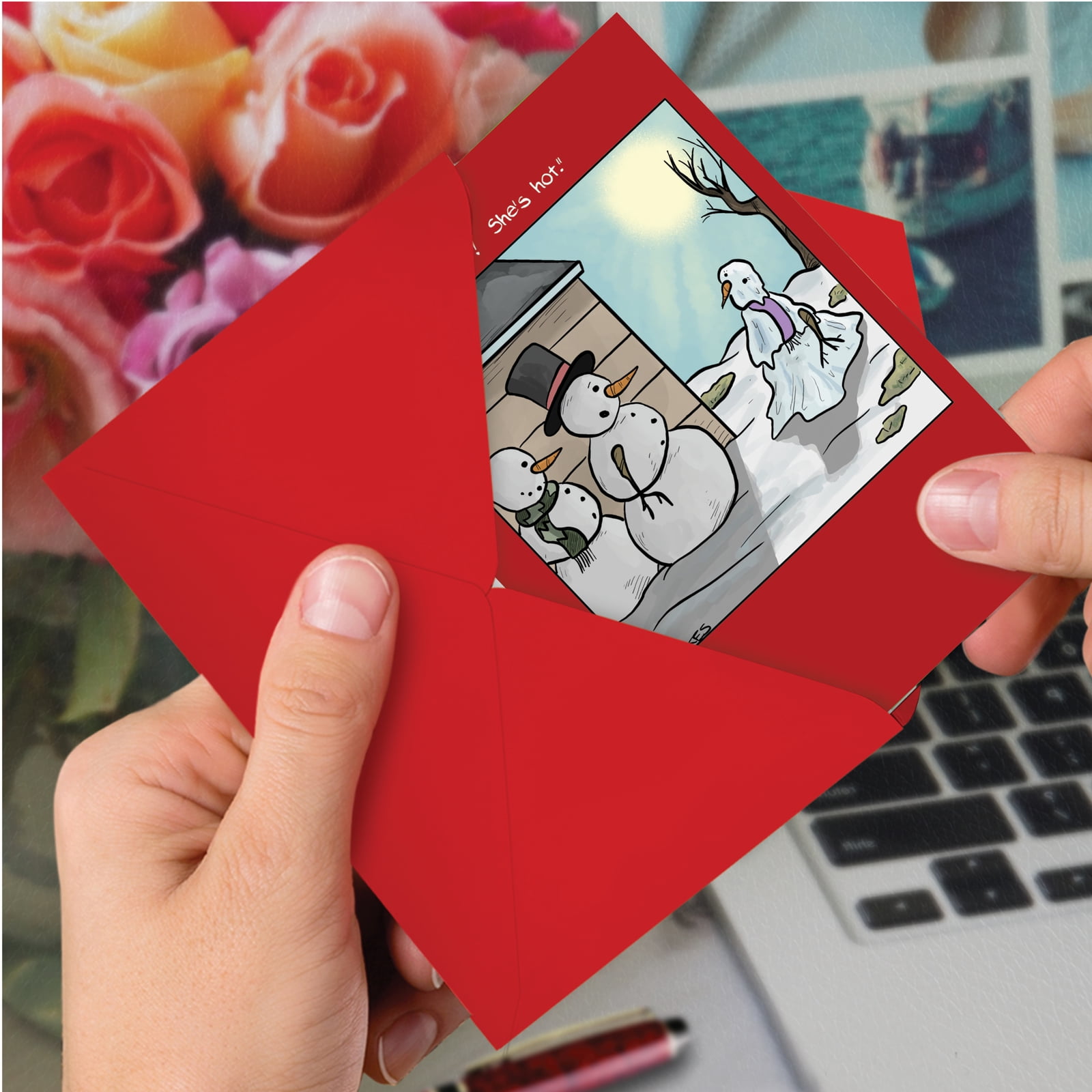 12 Funny Happy Holidays Greeting Cards (1 Design, 12 Cards) - Hot Snowman