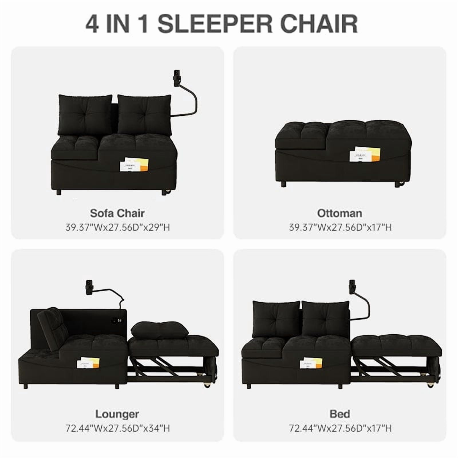Leumius Folding Sofa Bed, 3 Lengths Available, Modern Sofa Velvet Pull-Out Bed, Loveseat with Adjustable Backrest, USB Port and Rotating Phone Holder, Black.