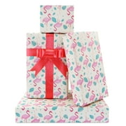 Tropical Pink Dancing PresNok Flamingo Birthday Wrapping Paper Sheets Silk Ribbon (1 Designs,15 sq ft.ttl) For Kids Girls Boys,Flamingo Gift Wrap Paper for Birthday Wedding Baby Shower Party