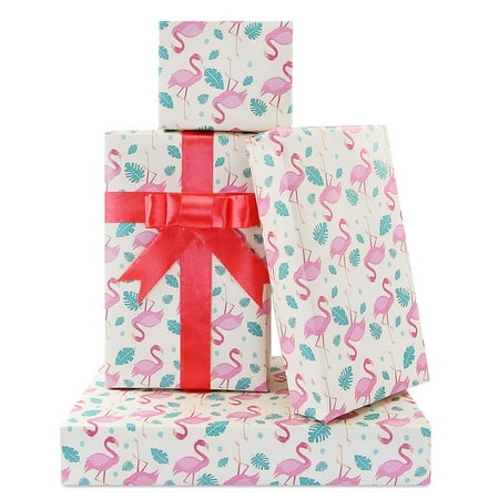 Tropical Pink Dancing PriNst Flamingo Birthday Wrapping Paper Sheets Silk Ribbon (1 Designs,15 sq ft.ttl) For Kids Girls Boys,Flamingo Gift Wrap Paper for Birthday Wedding Baby Shower Party
