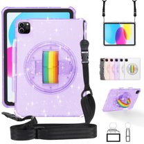 ELEHOLD Rugged Case for iPad Pro 11 Inch, iPad Air4 /Air5 10.9 Inch, Glitter Clear Slim Shockproof Cute Cover with 360 degree Rotating Handstrap Functional Kickstand Crossbody Shoulder Strap,Purple