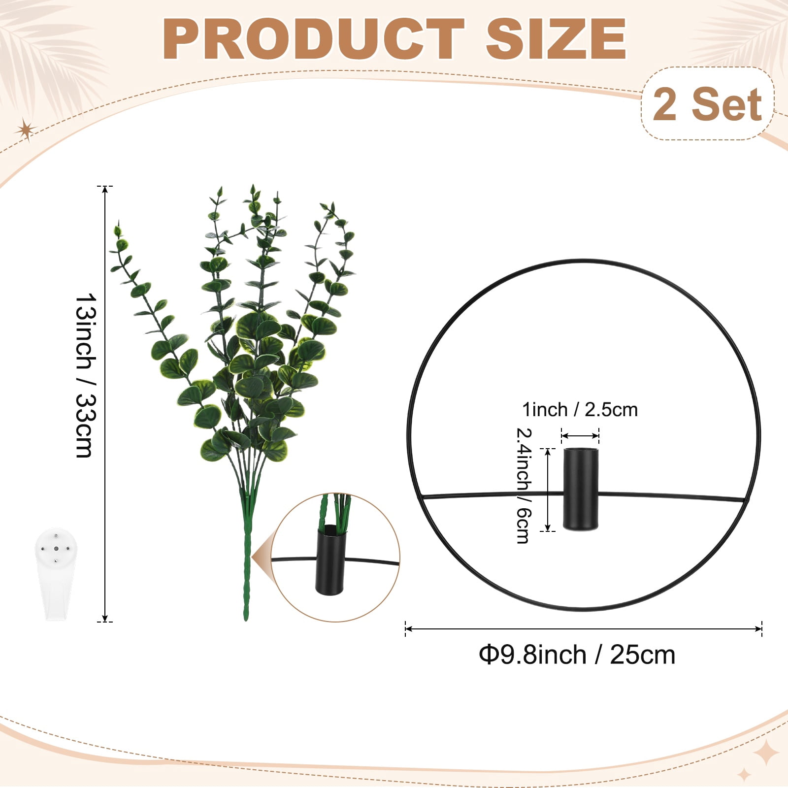 Uxcell 2 Set Plant Wall Decor, Hanging Planters with Artificial Eucalyptus Metal Hanging Vase Round Shape for Room [Black]