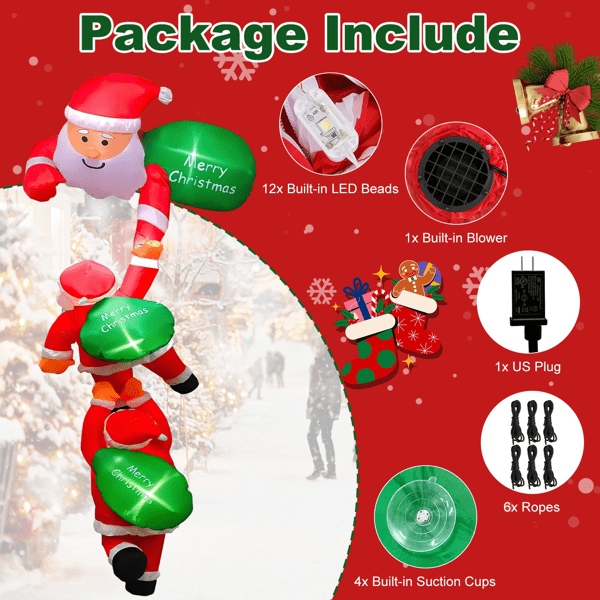 8FT Inflatable Santa Claus Decoration, 3 Santa Figures, 6 Sets LED Lights, 1-Min Inflation for Indoor or Outdoor
