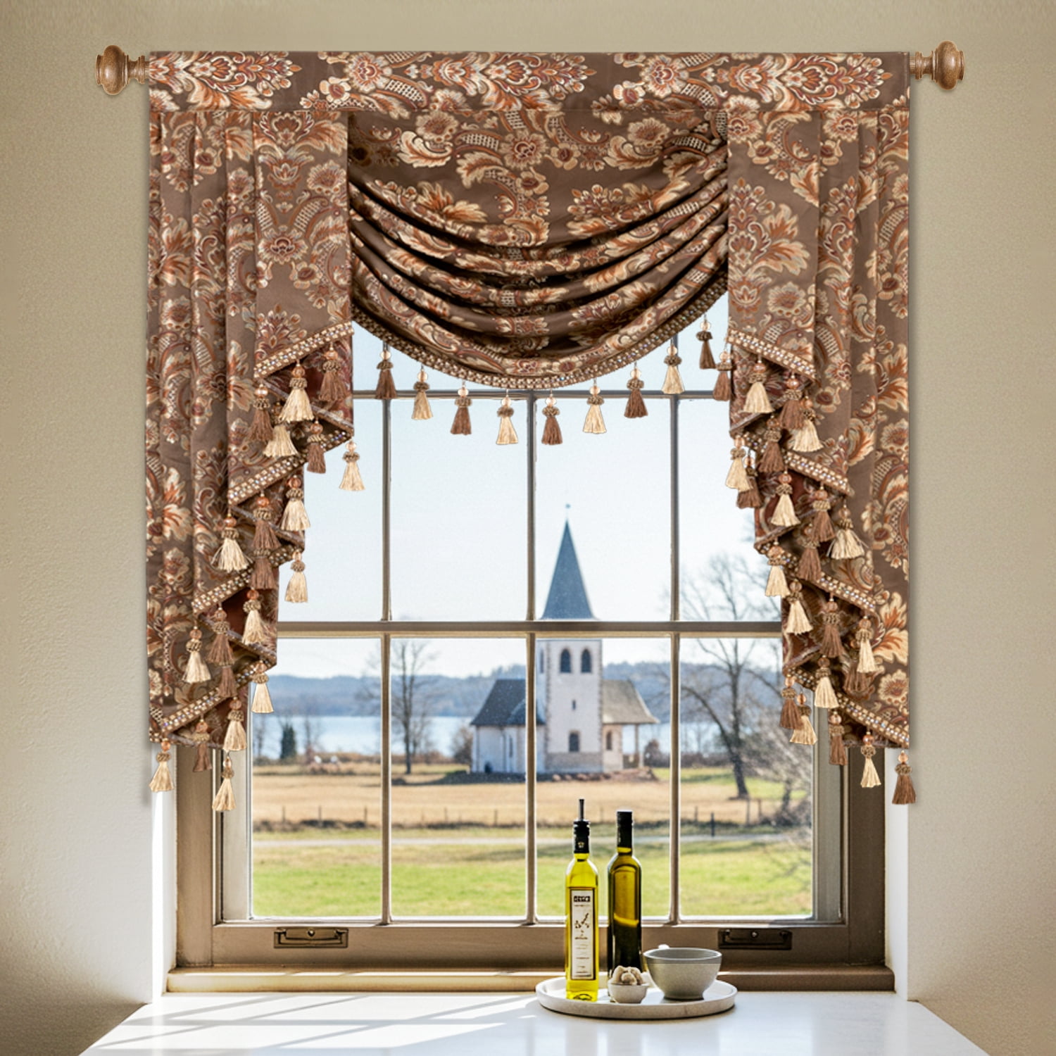 VOGOL Coffee Brown Damask Valance, Heavyweight Swag Curtains with Tassels 39x43 Inches for Bedroom