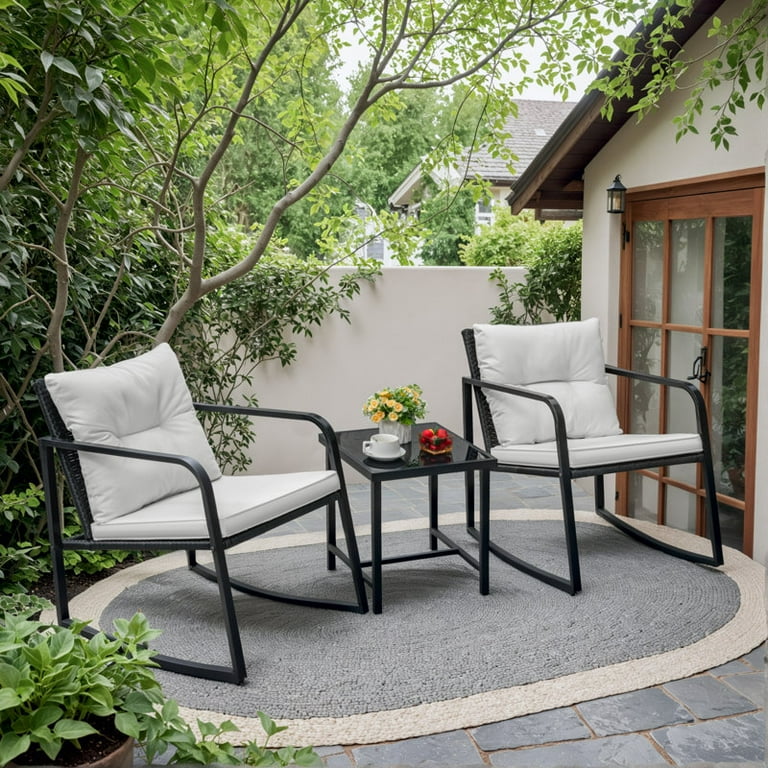 Lacoo 3pc Rocking Wicker Bistro Set Modern Outdoor Cushioned Chairs Table for Porch Balcony White Walmart