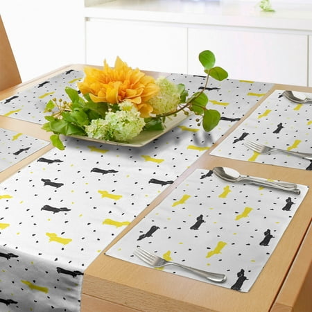 

Dachshund Table Runner & Placemats Sketchy Painted Pattern Bicolour Sausage Dogs and Little Hearts Set for Dining Table Decor Placemat 4 pcs + Runner 14 x90 Black Mustard and White by Ambesonne