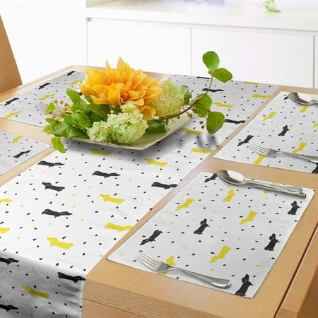 

Dachshund Table Runner & Placemats Sketchy Painted Pattern Bicolour Sausage Dogs and Little Hearts Set for Dining Table Decor Placemat 4 pcs + Runner 12 x72 Black Mustard and White by Ambesonne