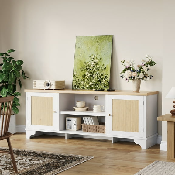 Rattan TV Stand for Living Room, Boho Entertainment Center for 55, 65, 70 Inch TV, TV Console Cabinet with Storage and Shelf