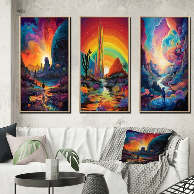 Designart "Visionary Rainbow Mystery Landscapes III" Abstract Landscape Framed Wall Art Set Of 3 - Multicolor Abstract Landscapes Frame Canvas Set For Living Room Decor