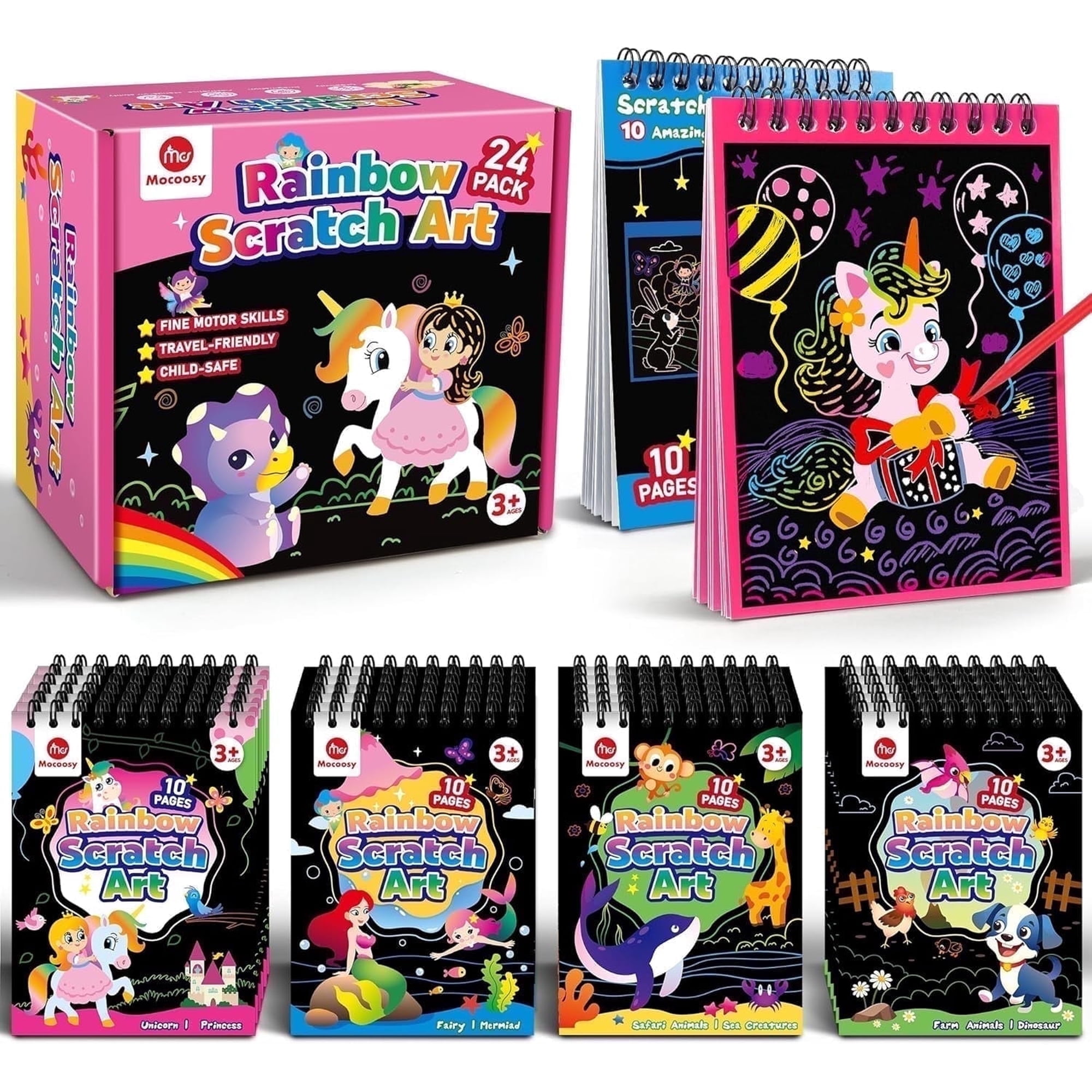Mocoosy 24 Pack Scratch Art Party Favors for Kids 4-8, Rainbow Scratch Arts Bulk with 10 Designs, Birthday Goodie Bag Stuffers, Classroom Prizes, Art Craft Supplies for Boys Girls Ages 3-5 8-12