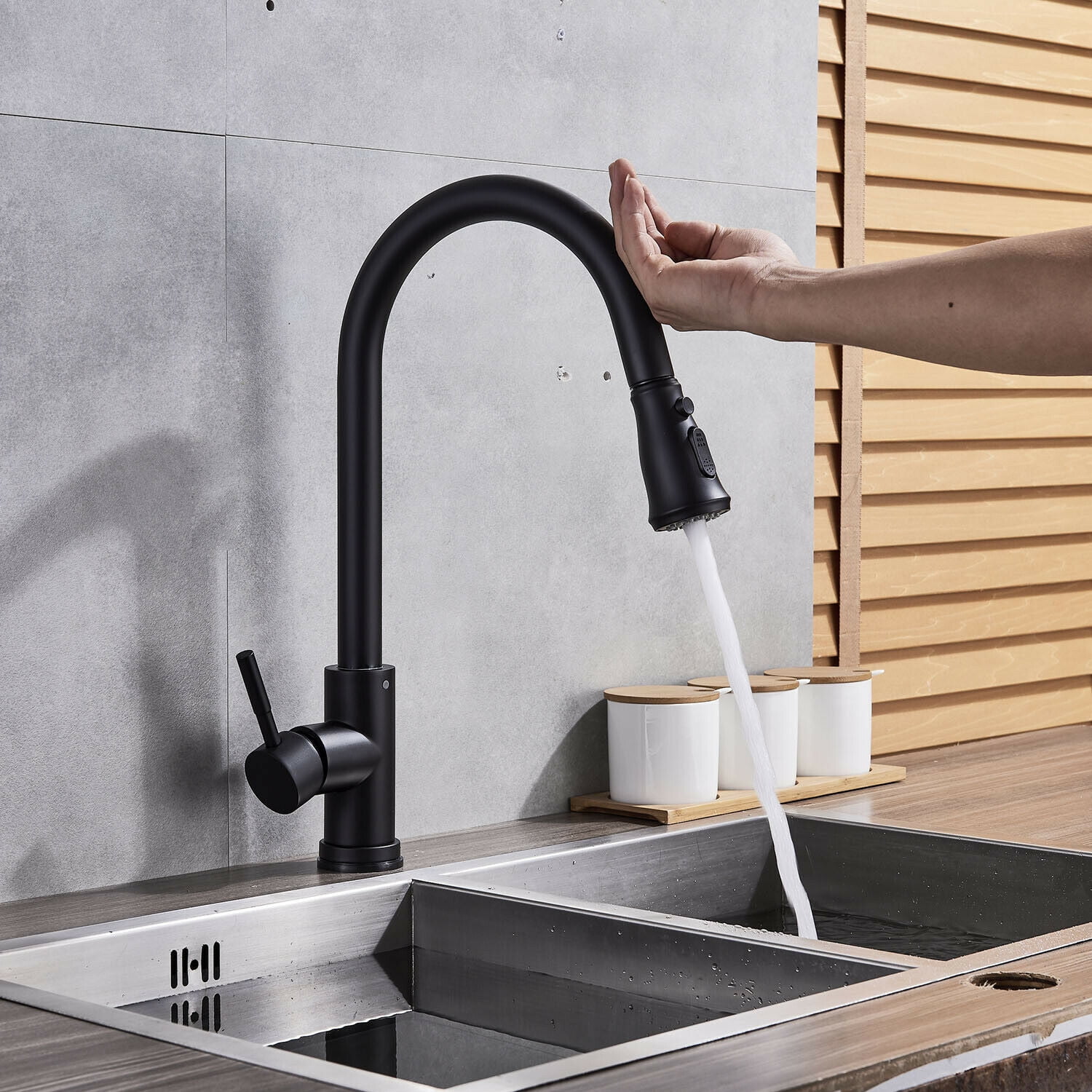 Black Sensor Touch Kitchen Sink Faucet Pull Out Sprayer Mixer Tap