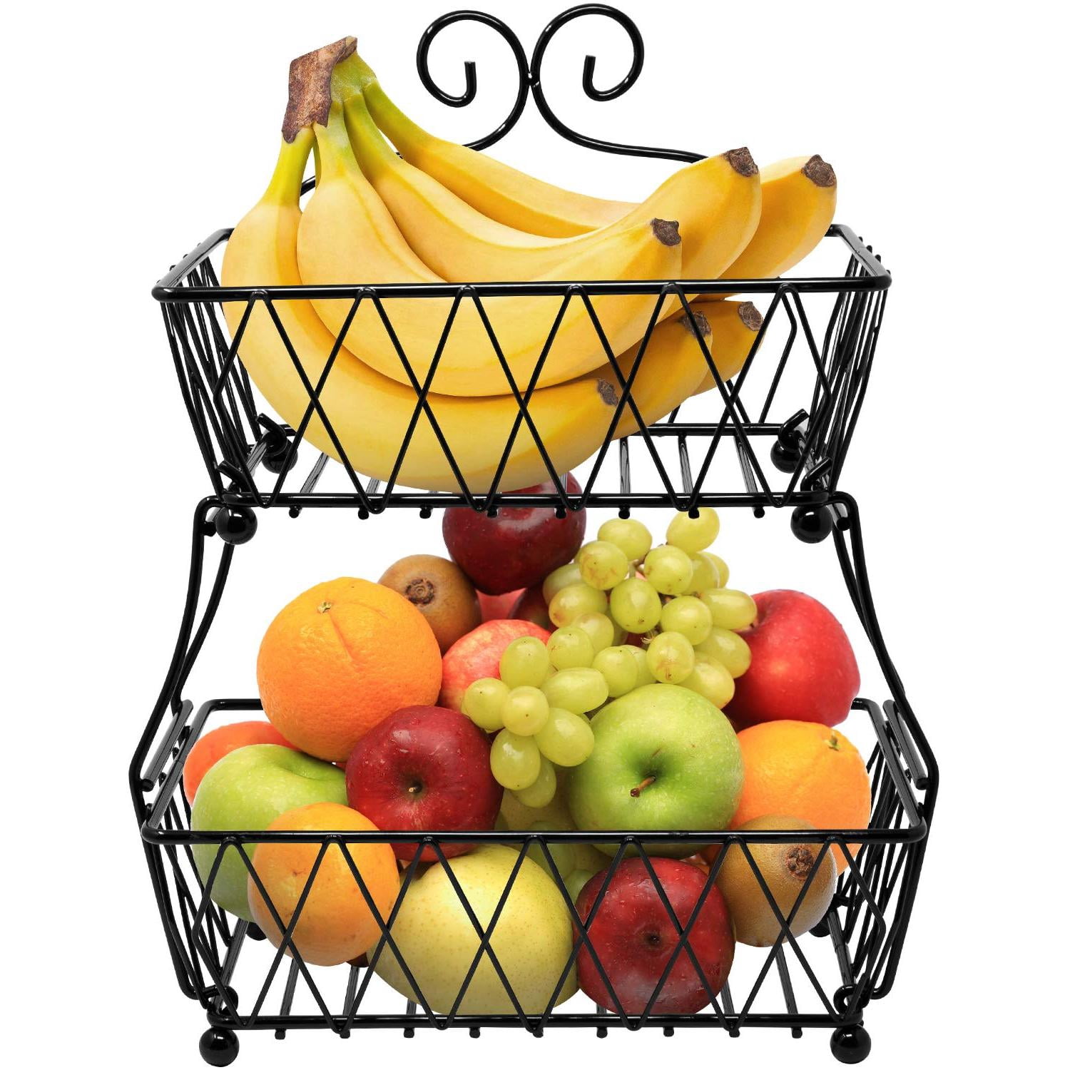 Sorbus 2 Tier Black Fruit Breadbasket Stand, Antique Metal Counter Rack for Kitchen & Bathroom