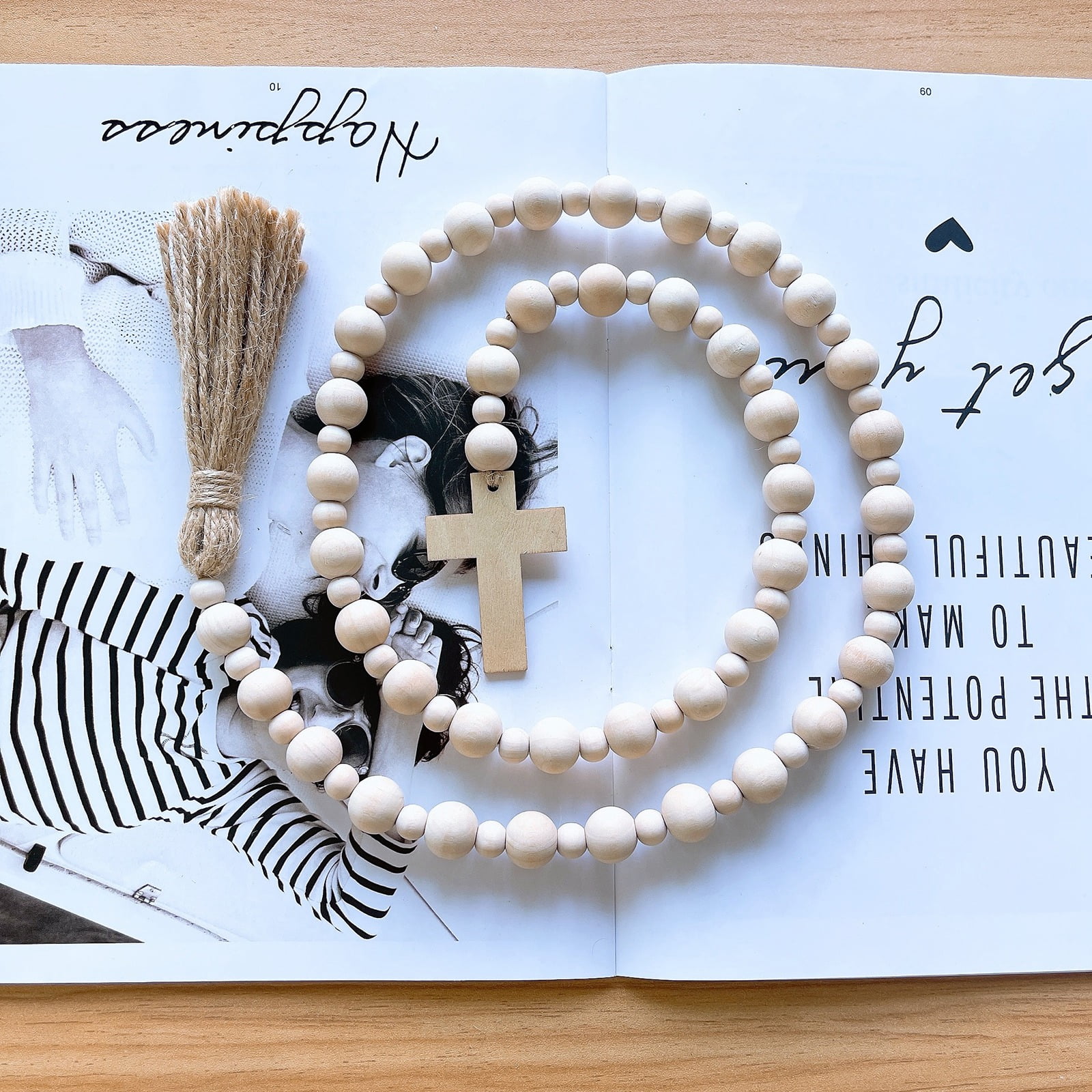 Easter Wood Bead Garland, Wooden Beads with Tassels and Cross Tag Boho