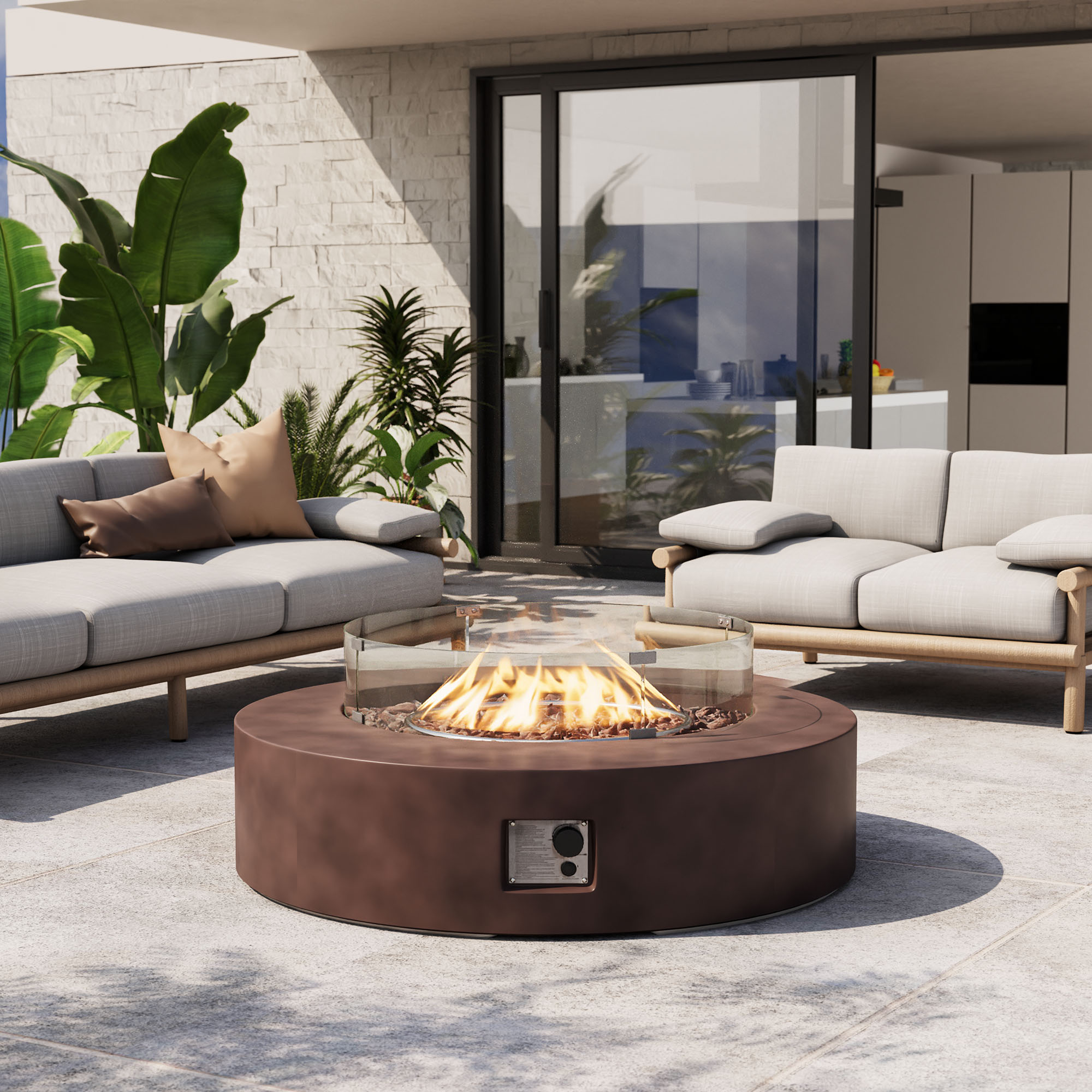 VENTOPYR Outdoor Propane Bronze Round Lightweight Concrete Fire Pit Coffee Table Patio Heater, Wind Guard