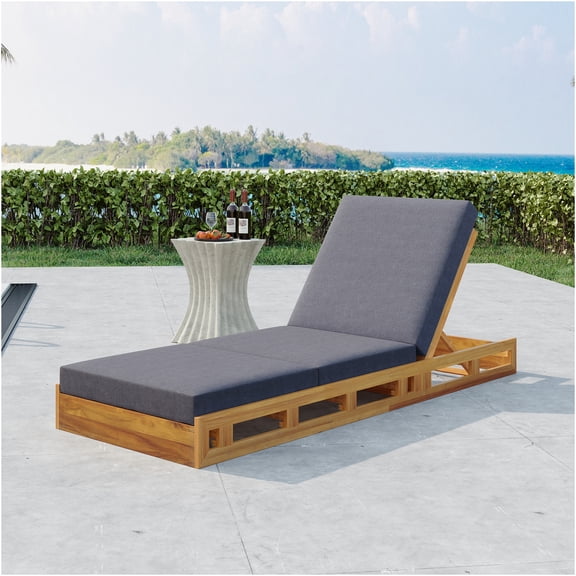 JERFIT Outdoor 2-Piece Acacia Wood Chaise Lounge Set with Adjustable Backrest and Water-Resistant Cushion (Dark Gray)