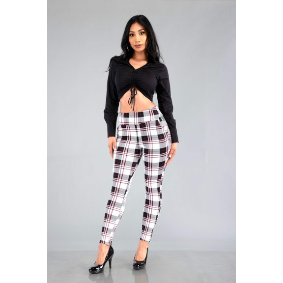High Waist Sculpting Treggings With Front Pockets - White, Black, Red Plaid