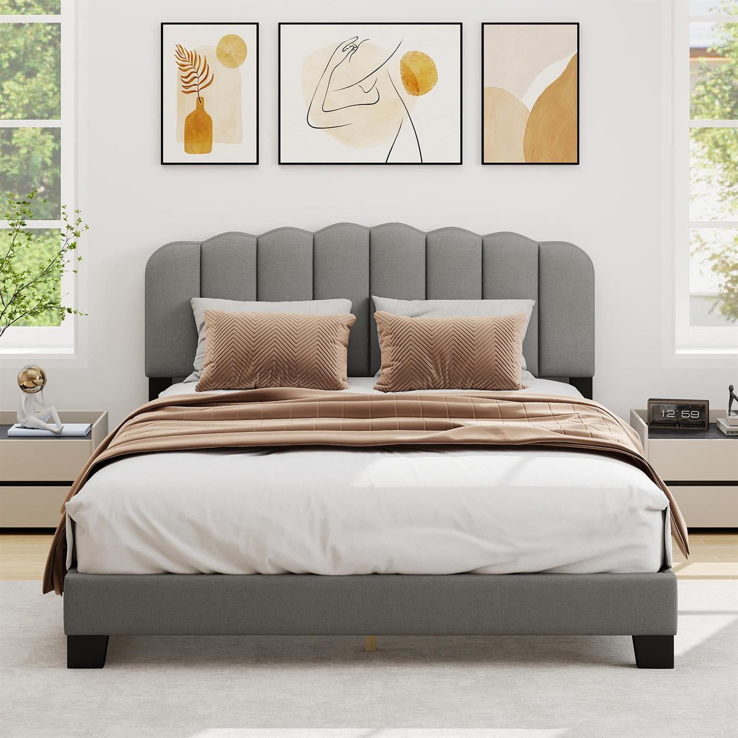 Spaco Queen Size Bed Frame, Adjustable Scalloped Tufted Headboard (2 Heights), Linen Upholstery, 12 LVL Slats, 770LBS Capacity, Gray + Black