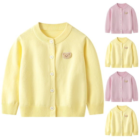 Swuxness Girls Casual Warm Sweater Coat, Kids Fall Long Sleeve Jacket, Toddler Solid Color Knitted Floral Embroidered Soft Hoodless Cardigan Sweater Jacket for Girls and Boys Pink, 3-4 Years