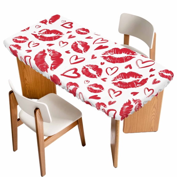Kiss Marks Table Cloths for 6 Foot Rectangle Tables, Valentine's Day Lips Print Love Red Vintage Patio Waterproof Elastic Fitted Tablecloths, Washable Rectangular Table Cover for Camping
