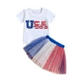 thumbnail image 2 of Aojekbee Girls 4th of July Outfit Short Sleeve O Neck Letter Embroidery Tops Tulle Skirt Set, 2 of 10
